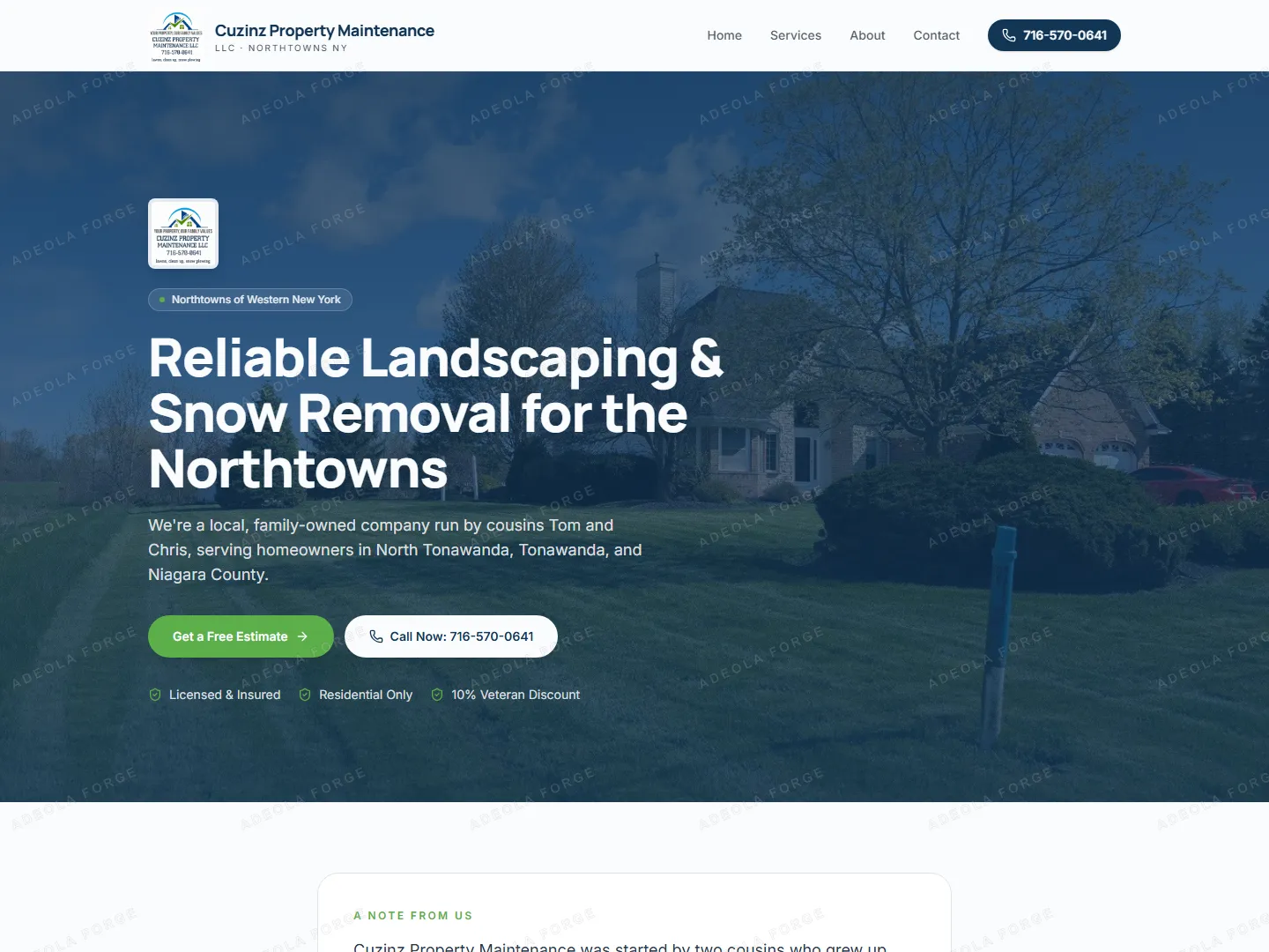 Cuzinz Property Maintenance homepage hero with the landscaping and snow removal headline, a get a free estimate button, a call now button and the licensed and insured trust line.
